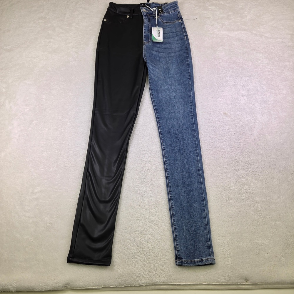 Akira Womens Size 7 Split Leg Denim and Faux Leather Skinny Pants Blue Black NEW